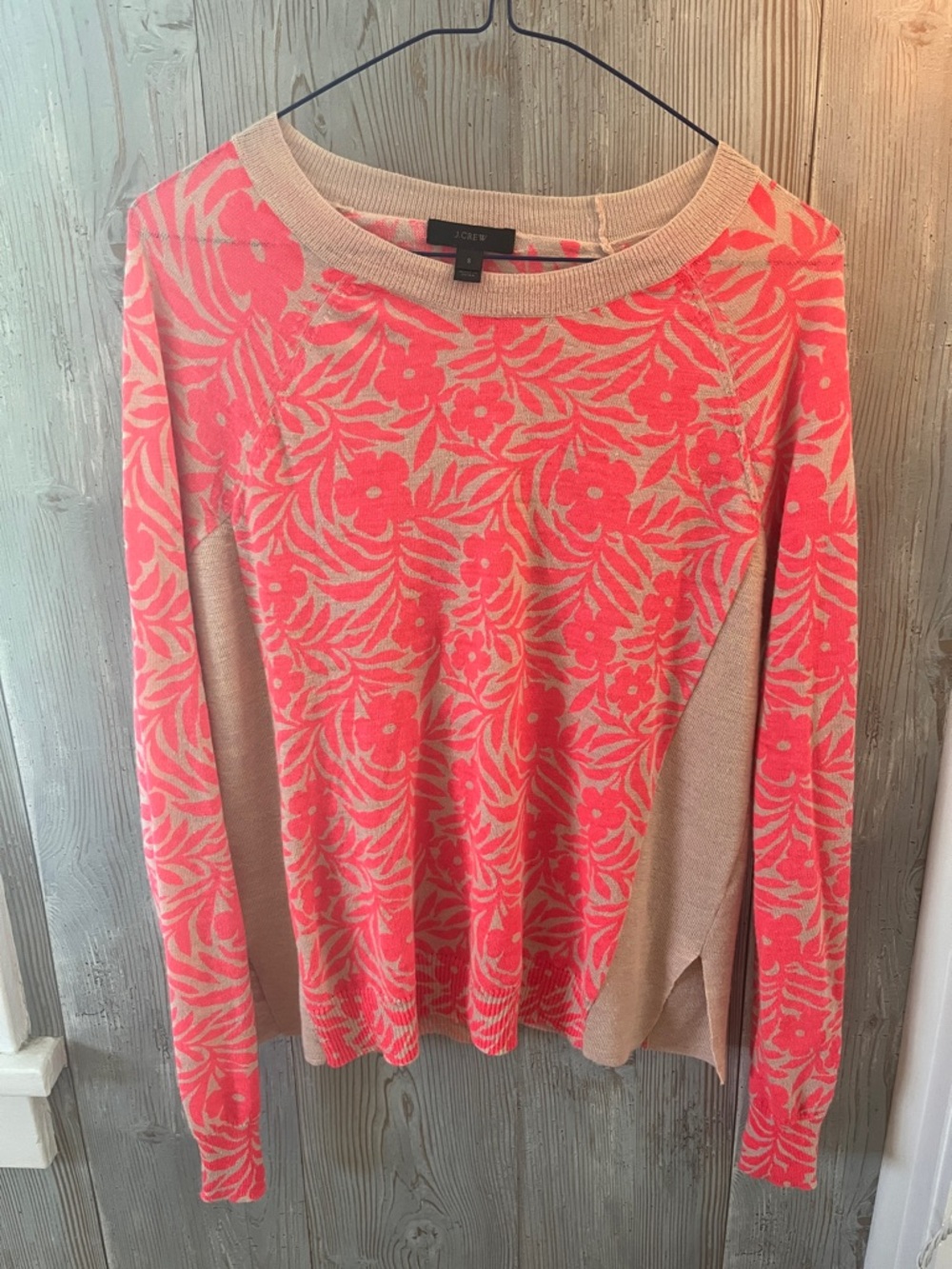 J. Crew Pink Coral Floral Crewneck Sweater with Cream Trim